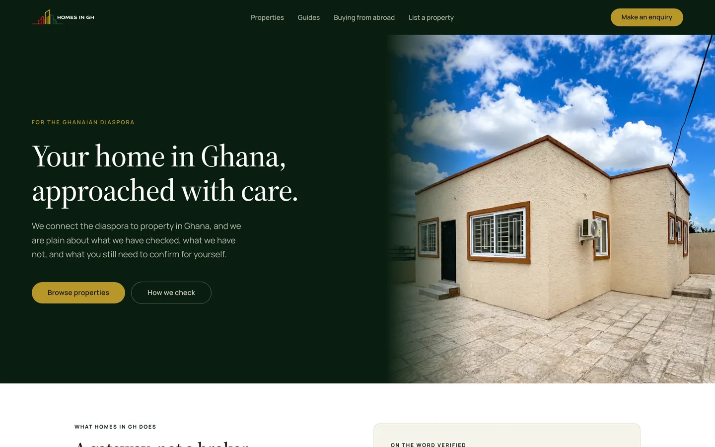 The Homes In GH homepage on a laptop, headed: Your home in Ghana, approached with care.