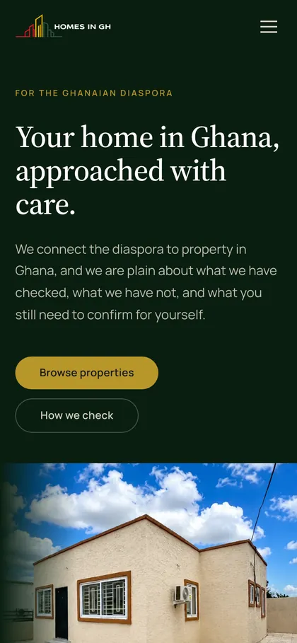 The Homes In GH homepage on a phone.