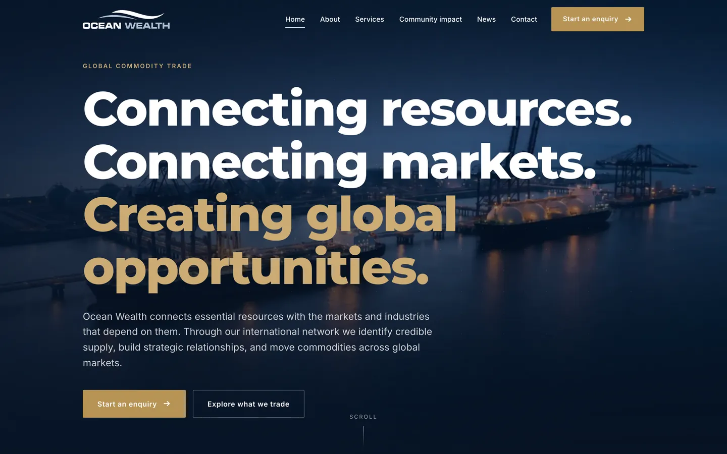 The Ocean Wealth homepage on a laptop, headed: Connecting resources. Connecting markets. Creating global opportunities.