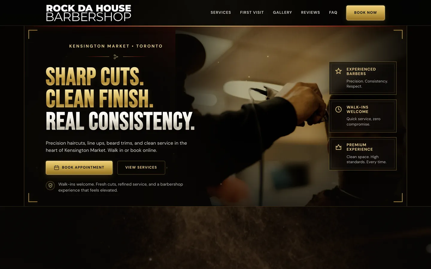 The Rock Da House Barbershop homepage on a laptop, headed: Sharp cuts. Clean finish. Real consistency.